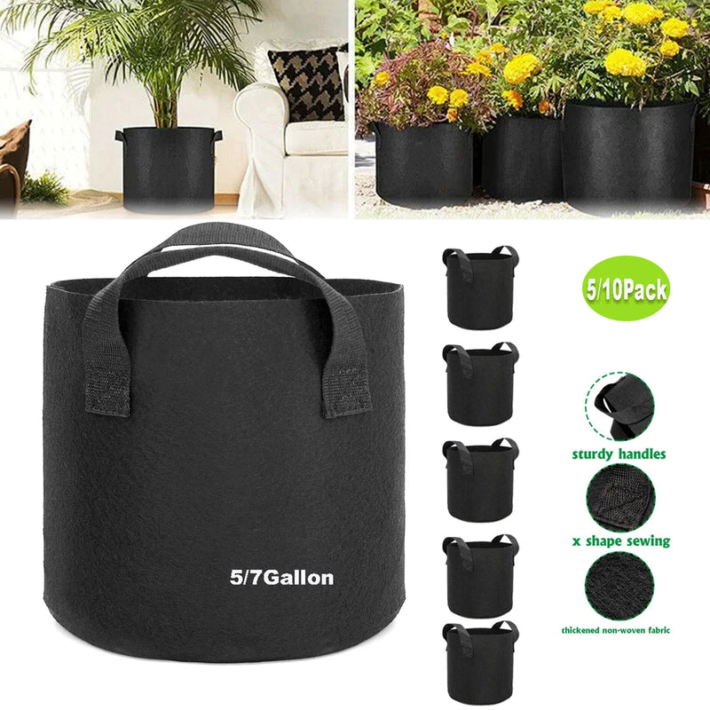 5/10 Pk Plant Grow Bags Thickened Nonwoven Fabric Pot Nursery Soil Bag 5/7Gallon Flowering Plants