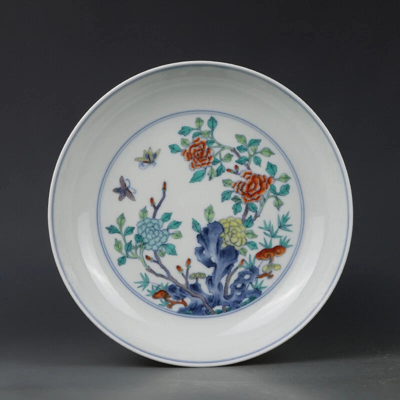 7.8"Rare China antique Qing Dynasty Yongzheng Colorful peony flower pattern plat Peony