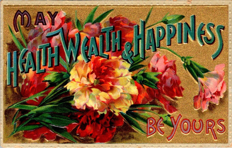 Vintage greeting postcard with colorful carnations and ornate gold lettering