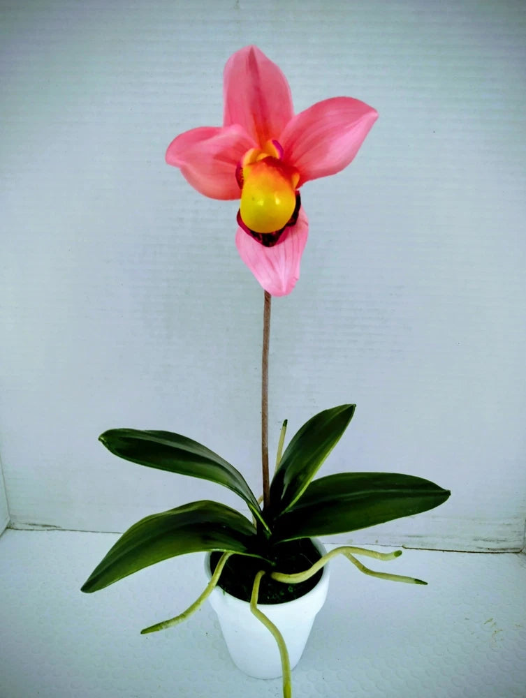 Artificial lady slipper orchid, pink petals with yellow center and green leaves in white pot