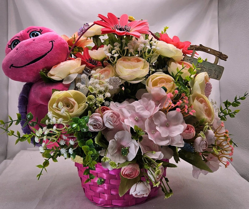 Whimsical Stuffed Turtle Flower Centerpiece in Pink Basket of Flowers - Tropical Ranunculus