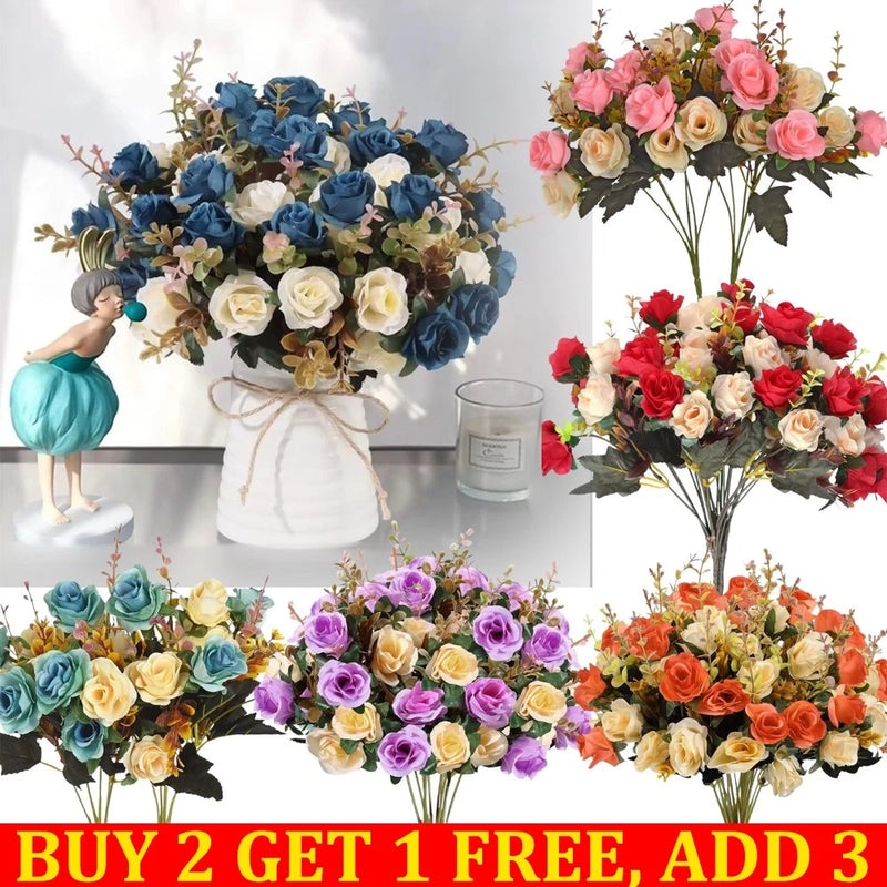 Assorted artificial silk flower bouquets with roses, blue, pink, red, purple, and orange