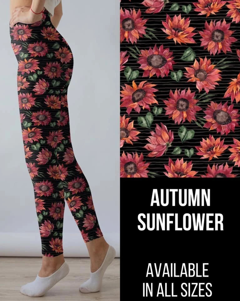 Women’s leggings with dark floral sunflower and striped pattern, full-length slim fit