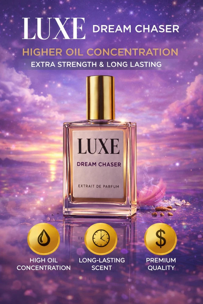 LUXE Dream Chaser perfume bottle with clear glass and gold cap