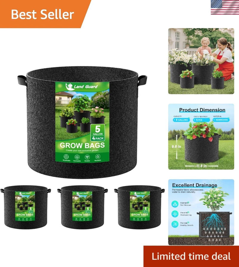 4-Pack Breathable 5 Gallon Nonwoven Grow Bags - Ideal for Outdoor Gardening Garden Plants