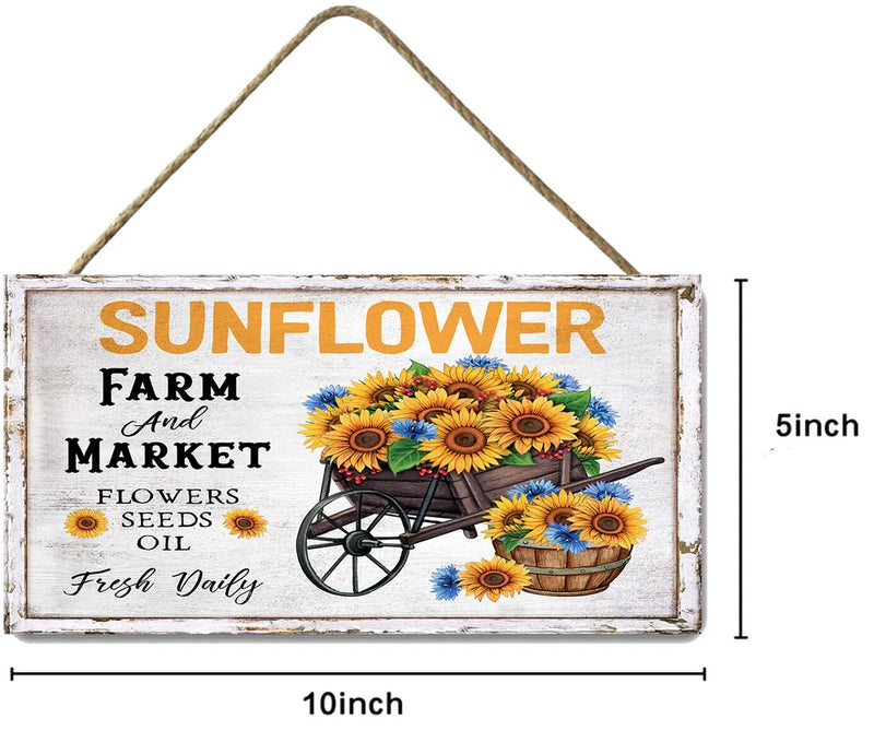 Handmade sunflower printed wall sign with farm market text and flower cart, 10 in