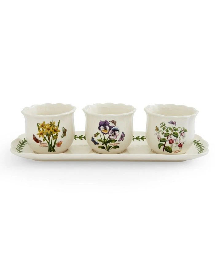 Portmerion Botanic Garden herb-pot set: 3 white ceramic pots with floral bouquet art on tray