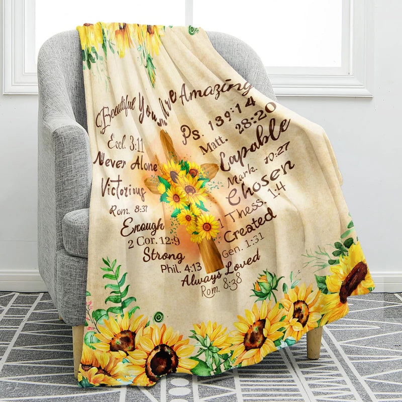 Cream sunflower inspirational blanket with religious text quotes and green leaf accents