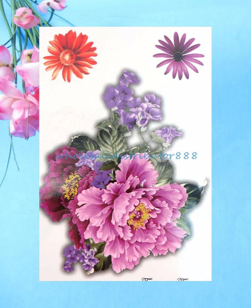 Peony flower temporary tattoo with pink and purple blooms and green leaves