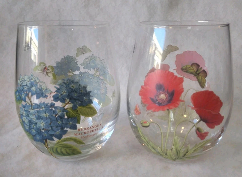 Portmeirion Botanic Garden Stemless Wine Glasses - Poppy and Hydrangea - Hydrangea