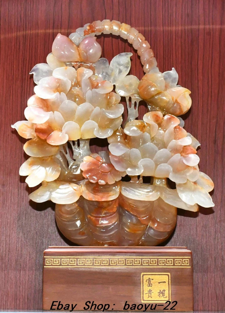 Carved jade peony basket statue with hollow flowers, pale orange and white on base
