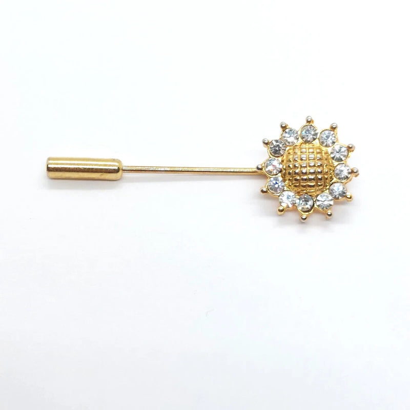Gold-tone stick pin with rhinestone sunflower pinhead, gold and clear stones