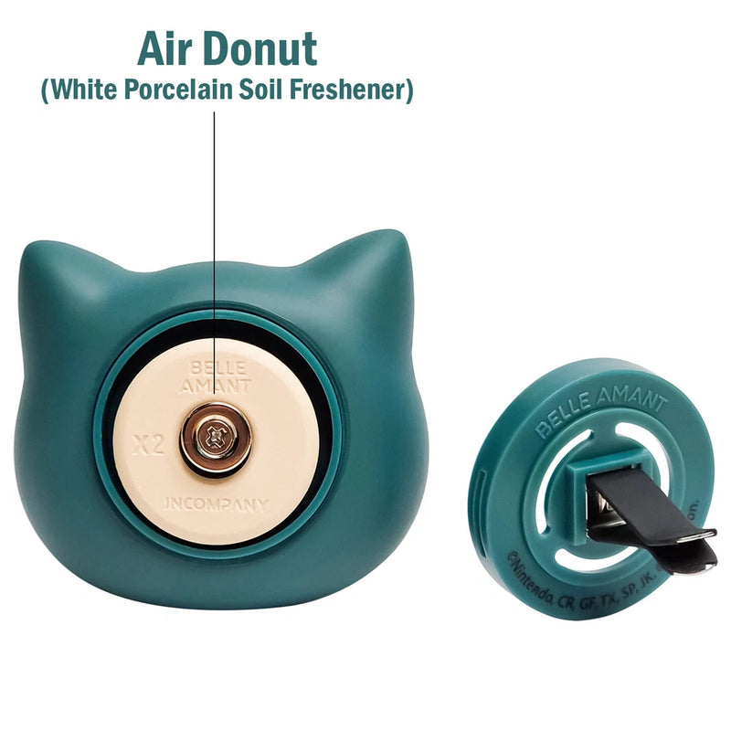 Teal cat-shaped refillable air freshener with round metal scent cap