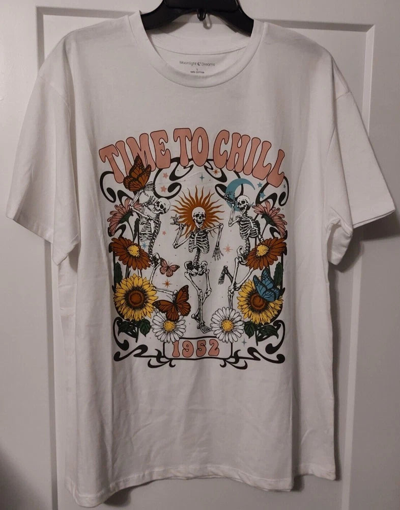 WOMEN'S MOONLIGHT DREAMS SKELETON SUNFLOWER BUTTERFLY WHITE SHIRT NWT L Sunflower