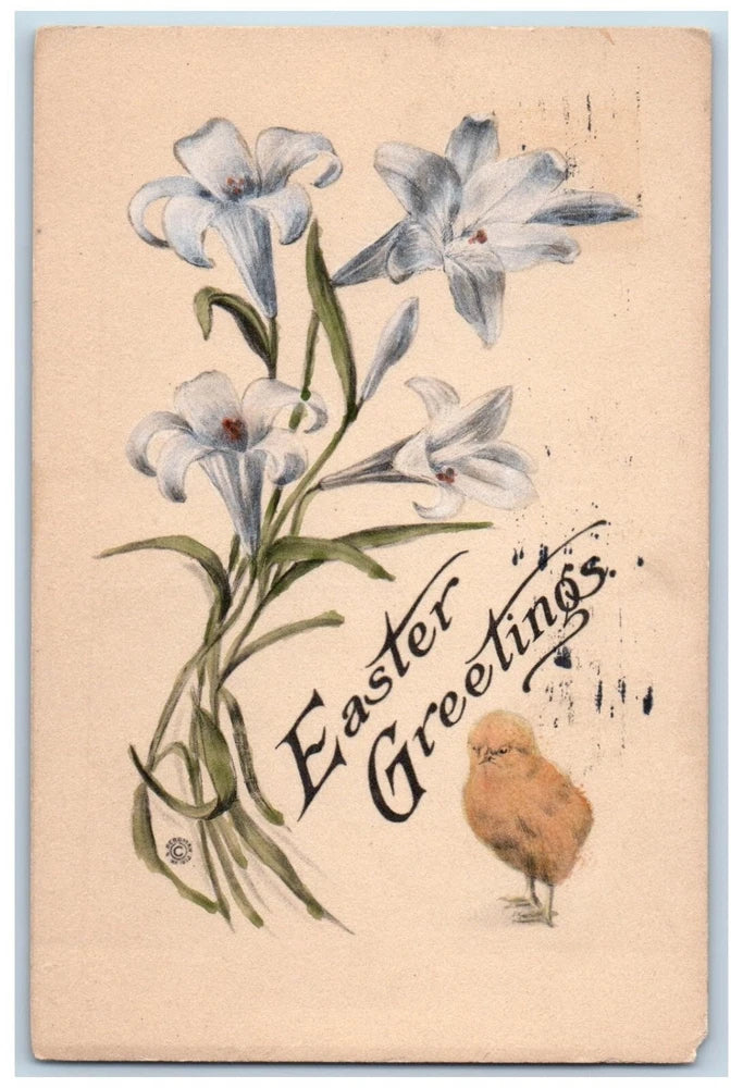 Lowell MA Postcard Easter Greetings Lily Flowers Baby Chick Hand Painted Art Lily