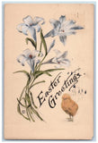 Lowell MA Postcard Easter Greetings Lily Flowers Baby Chick Hand Painted Art Lily