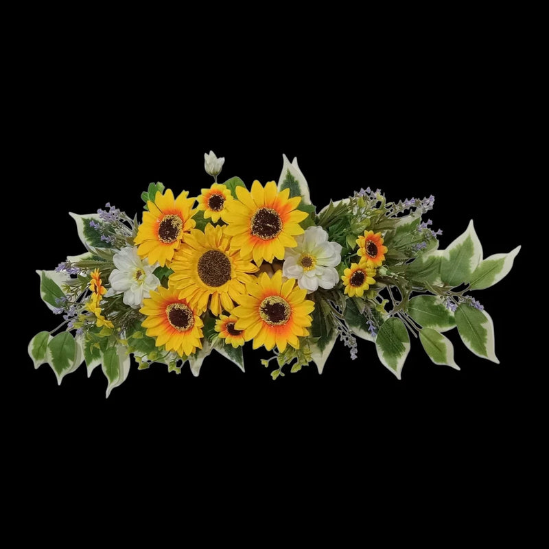 Silk sunflower and daisy wall arch door window swag with green leaves and orange centers