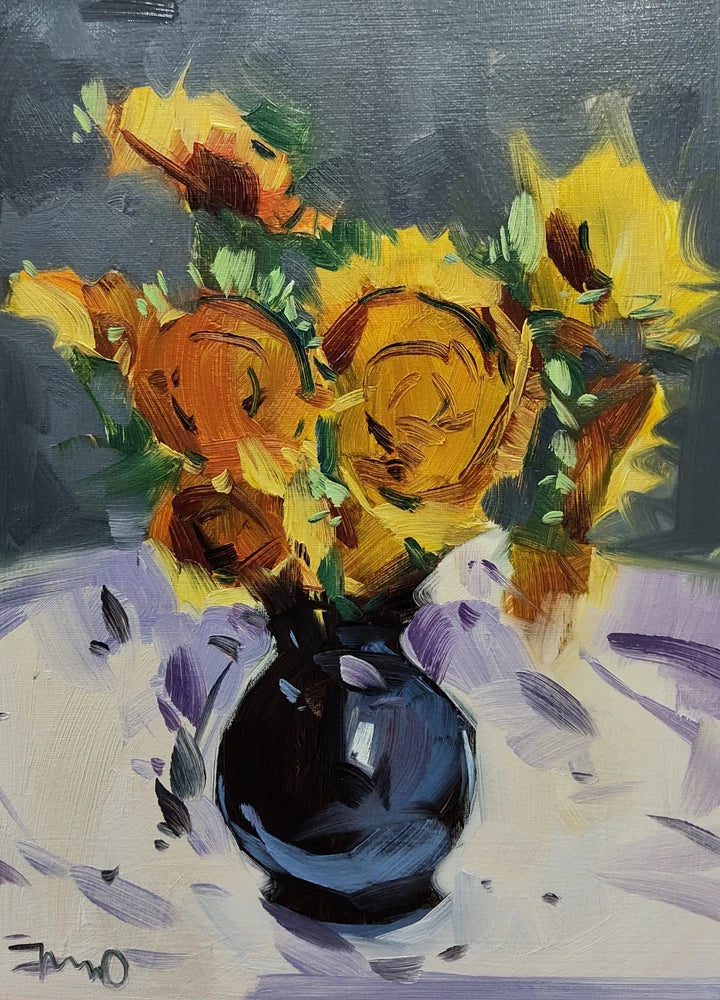 Sunflowers vase print painting with yellow flowers in a dark vase, bold brushstrokes