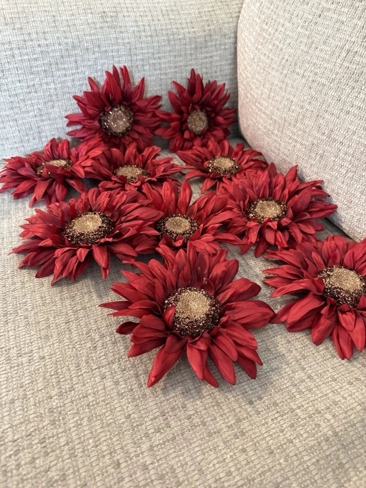 Sunflowers Medium Size Red/Burgundy Bloom Tops NO Stems 7 Inch Rhinestone (10) Sunflower