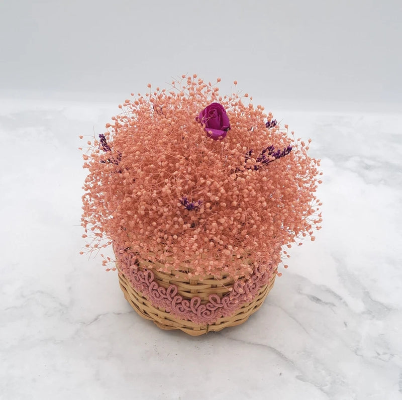 Handmade Dried Flower Arrangement w/ Pink Gyp & Purple Caspia in Vintage Basket Dried Flower