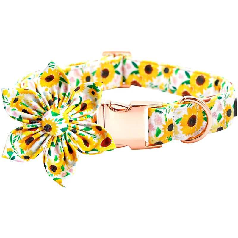 Adjustable sunflower dog collar with floral bow and copper buckle, x-small