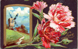 Postcard  Love - Flowers pink red carnations with windmill scene Carnation