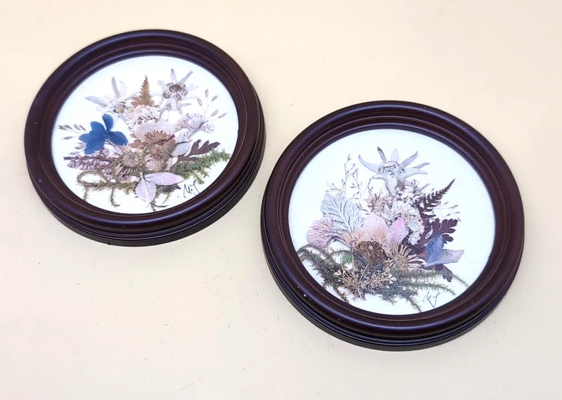 Set of 2 dried flower wall art in dark wood oval frames