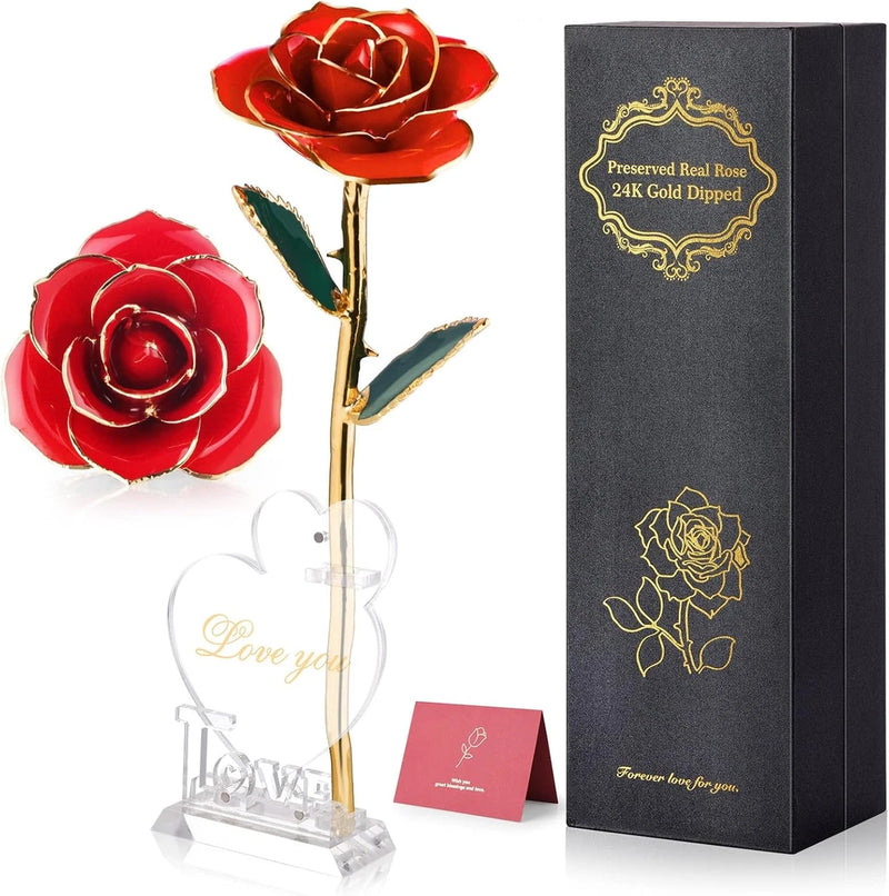 Red 24K gold-dipped rose with glass stand and decorative gift box
