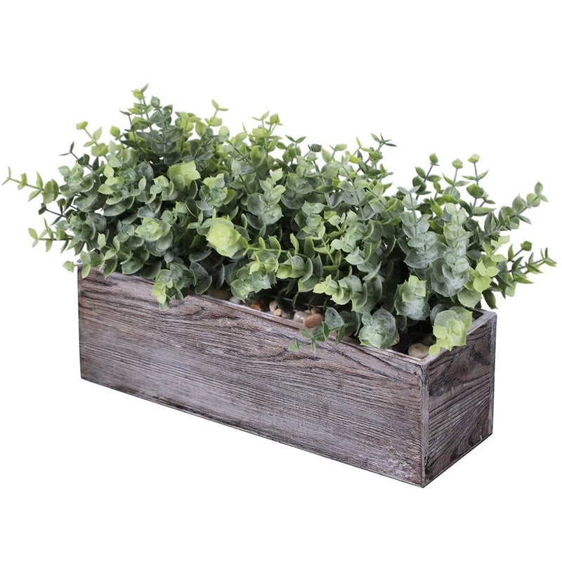 Faux Eucalyptus Plants in Rustic Rectangular Wood Planter Box Artificial Euca... Green Plant
