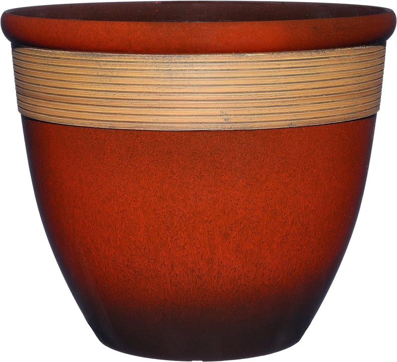 15-inch lava red ceramic planter with ribbed tan band and wide rim