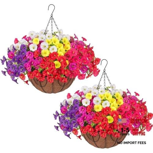 2 Set Artificial Hanging Flowers Fake Plants Baskets for 2 Packs 6 Multicolor Flowering Plants