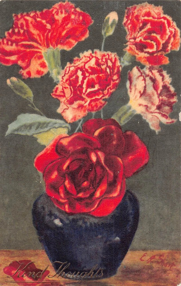 Floral postcard featuring a dark vase with red and pink carnation roses