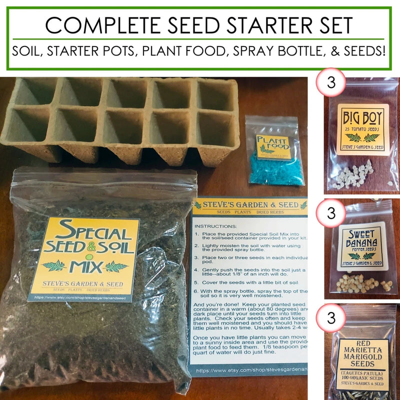 Tomato, Pepper, Marigold Complete Garden Seed Start Kit, Soil, Food, Peat Pots Garden Plants