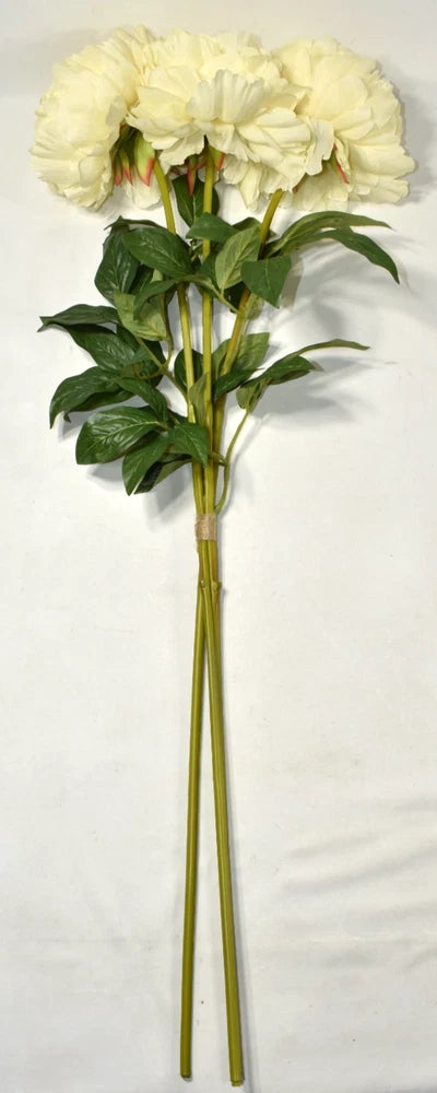 Artificial peony flower stems bundle with pale yellow blooms and green leaves