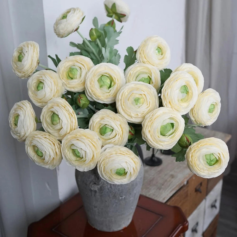 10X White Ranunculus Flowers with Lush Greenery Stems for Stunning Decor Ranunculus