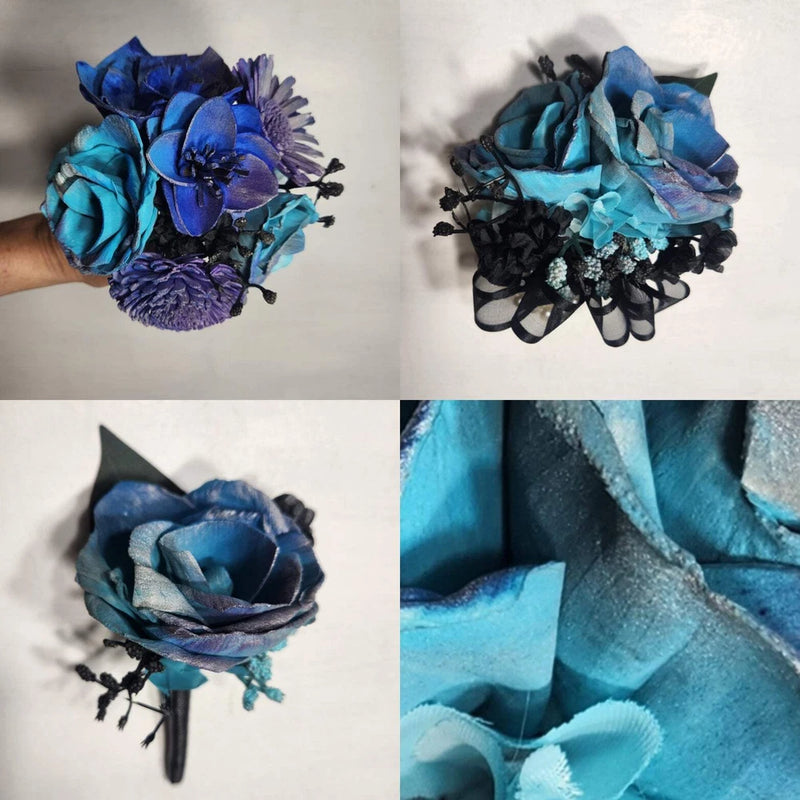 Bridal wedding bouquet with turquoise, purple, and dark blue sola wood flowers