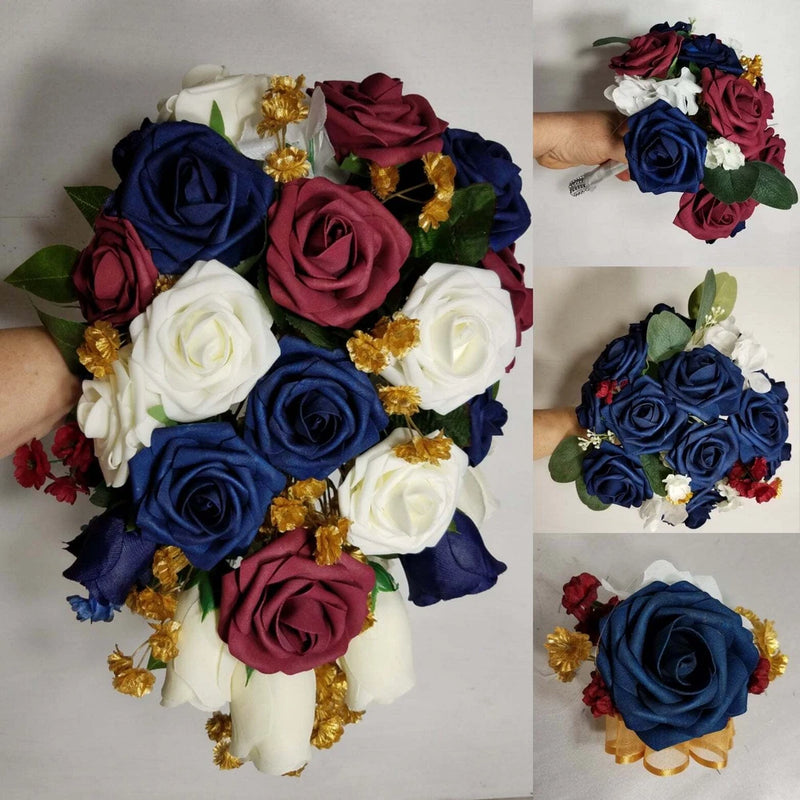 Burgundy Navy Blue Ivory Rose Bridal Wedding Bouquet Accessories Bouquet