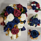 Burgundy Navy Blue Ivory Rose Bridal Wedding Bouquet Accessories Bouquet