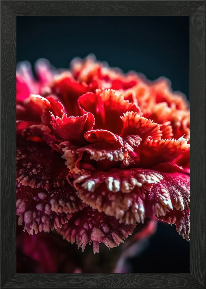 Framed canvas wall art with close-up red carnation flowers, layered petals