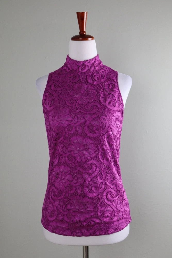 GREYSON NWT $110 Pink Floral Lace Mesh Lined Mock Neck Sleeveless Top One Size Roses