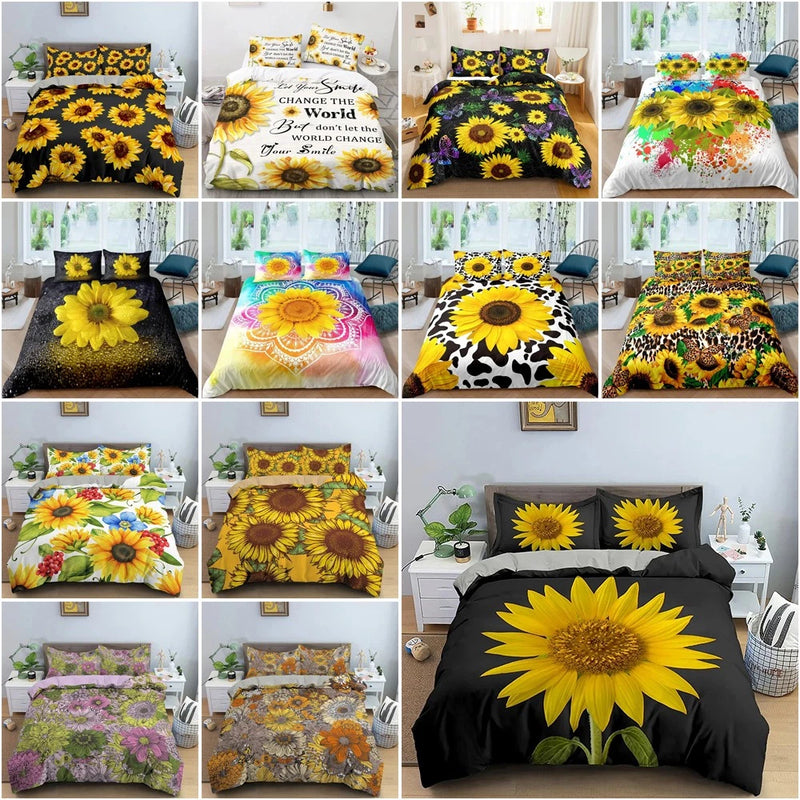 3D Sunflower Soft Duvet Quilt Cover Set + Pillowcases Twin Full Queen King Sizes Sunflower