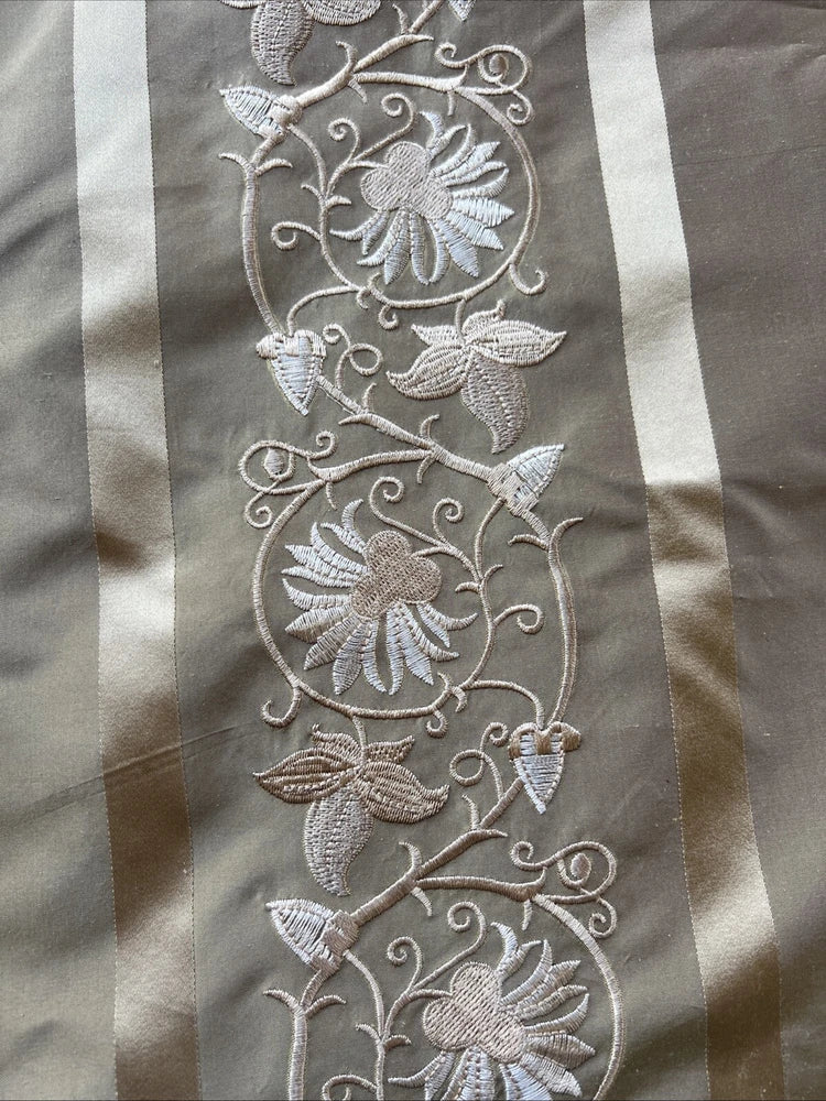 100% SILK TAFFETA STRIPE EMBROIDERED DRAPERY HOME DECOR Antique Gold Sold per yd Flowering Plants