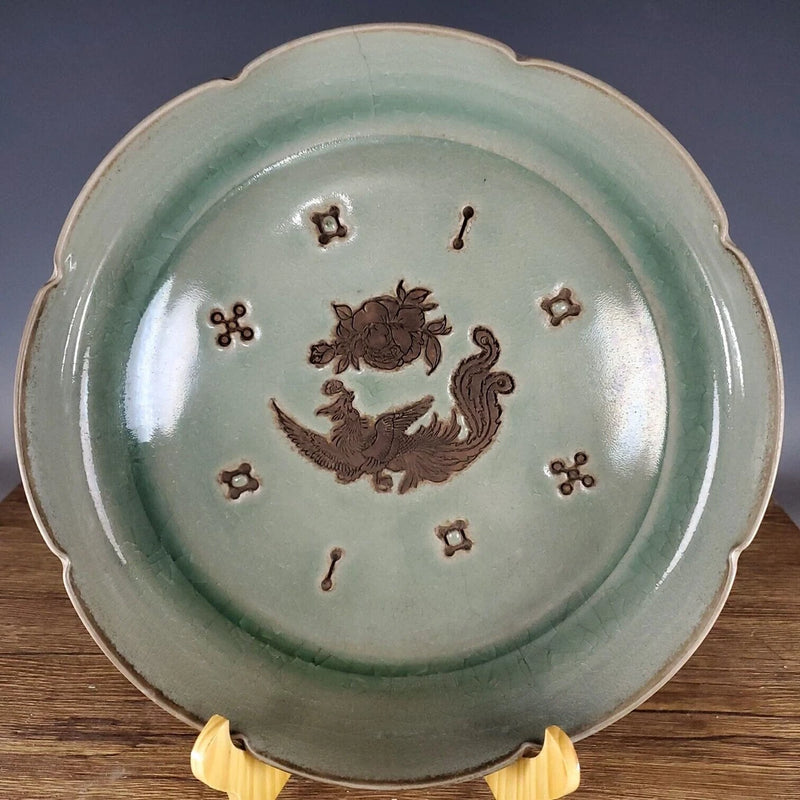 Round celadon ceramic brush washer with phoenix and peony design, brown underglaze accents