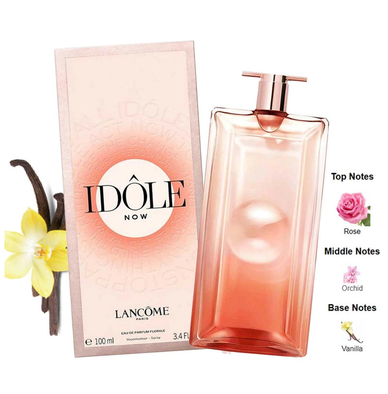 Women's floral perfume bottle with rose-gold cap, with matching pink box.