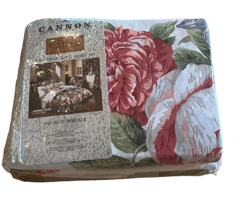 VTG NEW Cannon Jasmine Plaid Landmark 4pc King Sheet Set 180 Tc Percale Floral Hydrangea