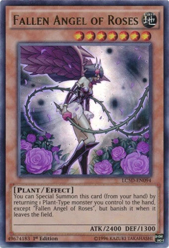 Purple illustrated trading card featuring a winged fallen angel on a rose branch