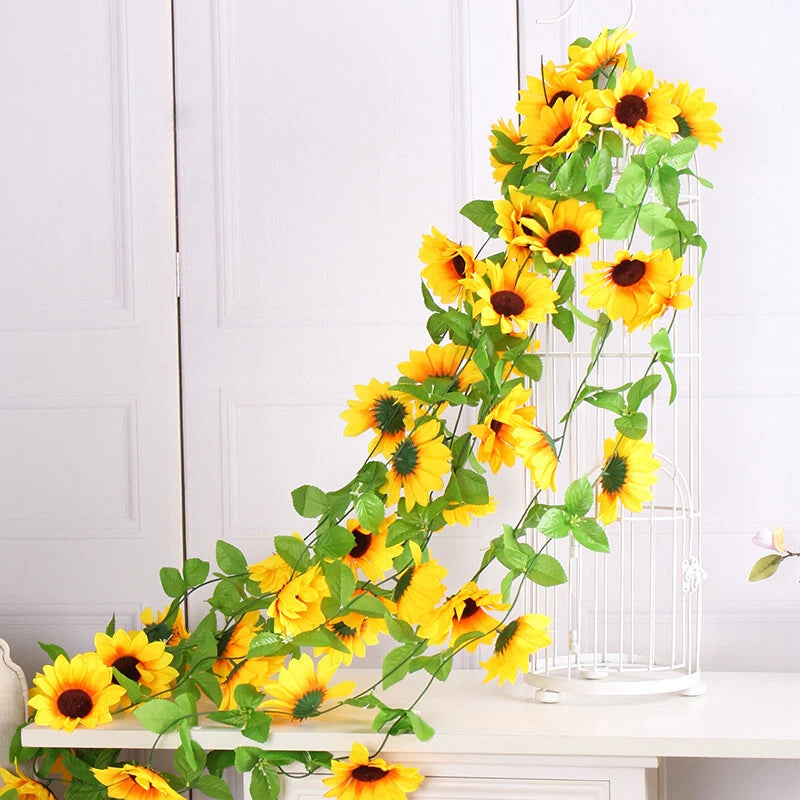 225CM Artificial flowers Ivy Vine Silk Sunflower Cane Plastic flower Rattan Hang Sunflower