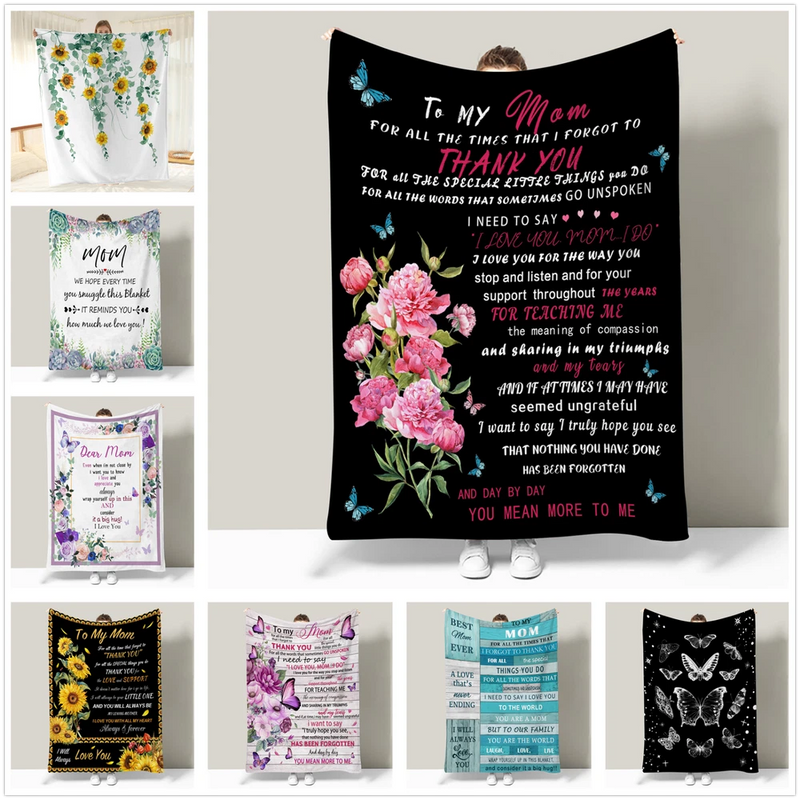 Black throw blanket with pink carnations, butterflies, and To my Mom message