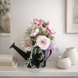 Pink floral arrangement in black metal pitcher, hydrangea arrangement Ranunculus