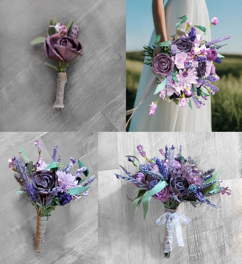 Lavender and purple wildflower bridal bouquet with purple roses and green leaves, ribbon tie